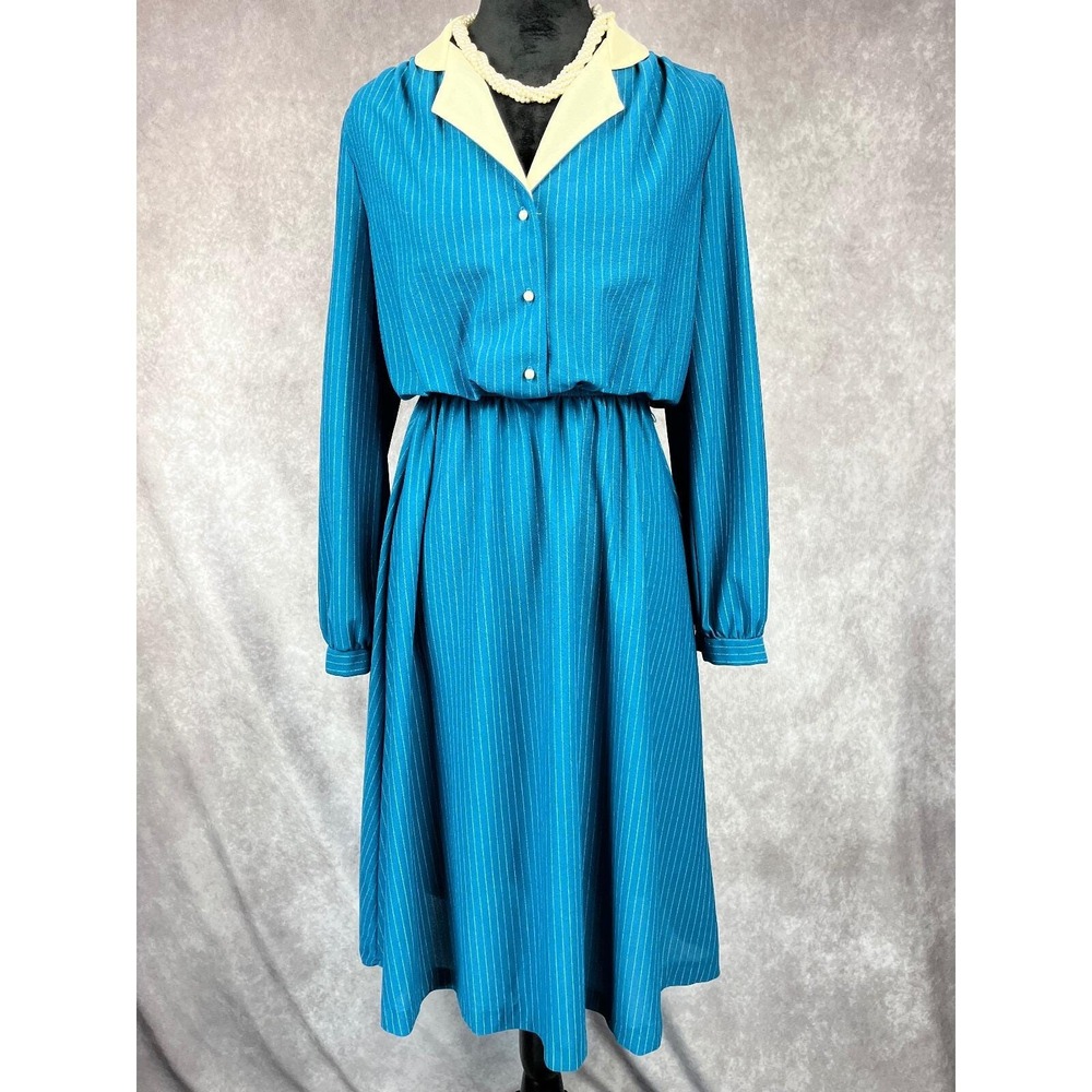 Vtg 80s 90s Oops California Pinstripe Midi Dress Blue Long Sleeve Secretary S/M
